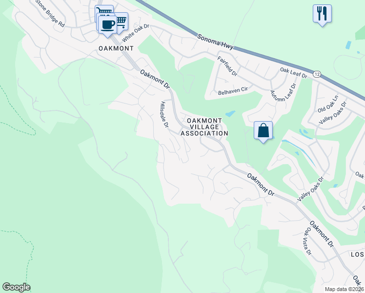 map of restaurants, bars, coffee shops, grocery stores, and more near 476 Hillsdale Drive in Santa Rosa