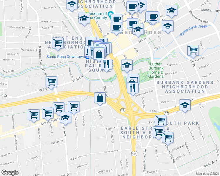 map of restaurants, bars, coffee shops, grocery stores, and more near 138 Orange Street in Santa Rosa