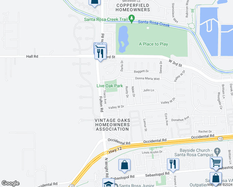 map of restaurants, bars, coffee shops, grocery stores, and more near 2431 Widgeon Court in Santa Rosa