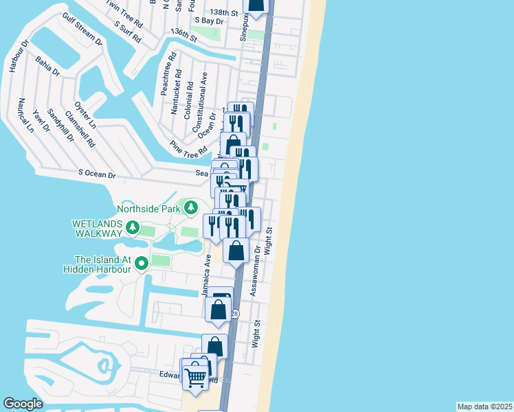 map of restaurants, bars, coffee shops, grocery stores, and more near 102 129th Street in Ocean City