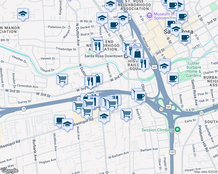 map of restaurants, bars, coffee shops, grocery stores, and more near 215 Iowa Street in Santa Rosa