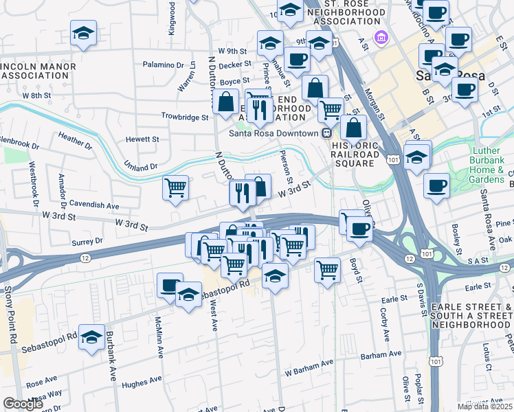 map of restaurants, bars, coffee shops, grocery stores, and more near 214 West 3rd Street in Santa Rosa