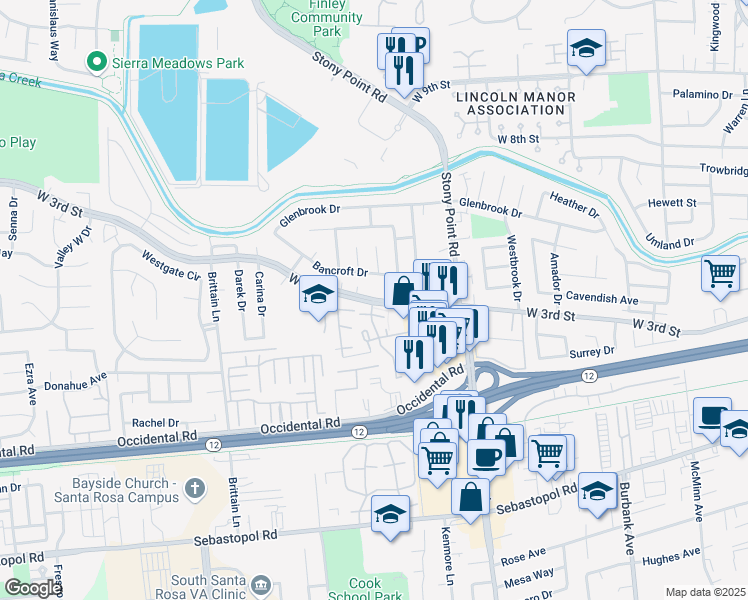 map of restaurants, bars, coffee shops, grocery stores, and more near West 3rd Street & Gate Way in Santa Rosa