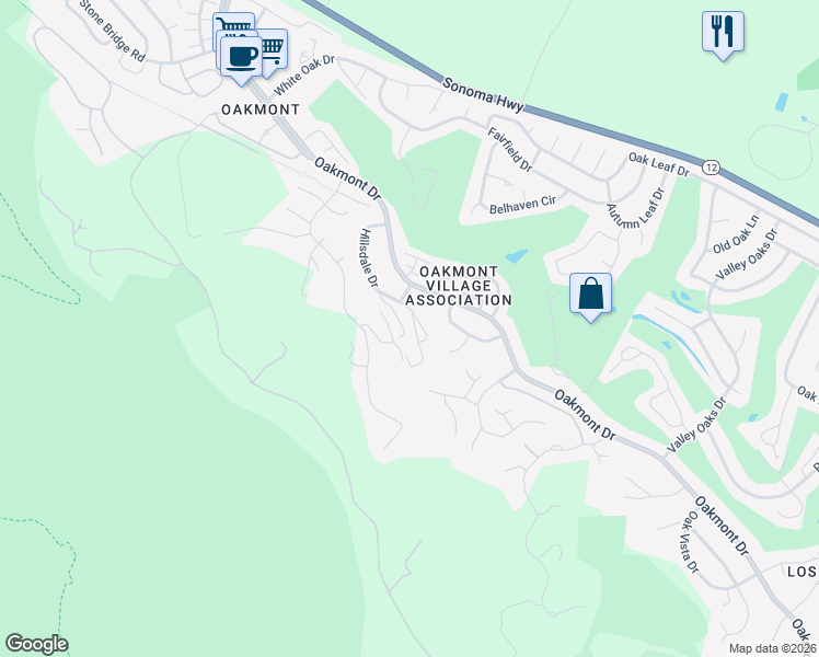 map of restaurants, bars, coffee shops, grocery stores, and more near 476 Hillsdale Drive in Santa Rosa