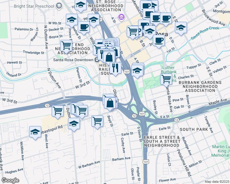 map of restaurants, bars, coffee shops, grocery stores, and more near Olive St & Hazel St in Santa Rosa