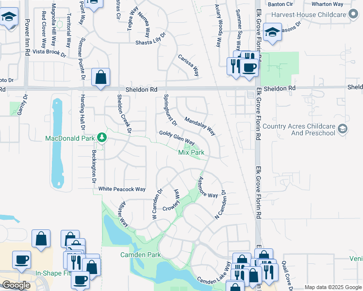 map of restaurants, bars, coffee shops, grocery stores, and more near 8909 Roscomare Court in Elk Grove