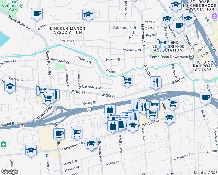 map of restaurants, bars, coffee shops, grocery stores, and more near 1591 West 3rd Street in Santa Rosa