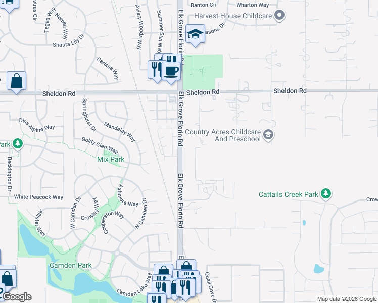 map of restaurants, bars, coffee shops, grocery stores, and more near 8901 Elk Grove Florin Road in Elk Grove