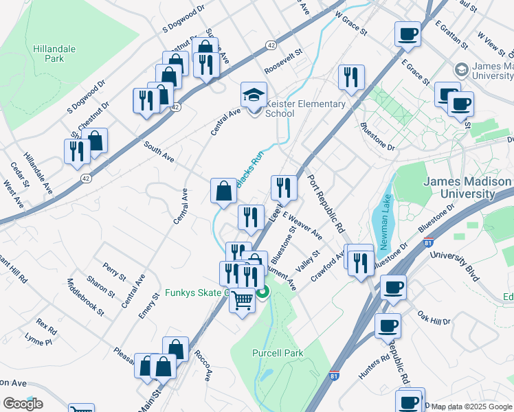 map of restaurants, bars, coffee shops, grocery stores, and more near 12 South Avenue in Harrisonburg