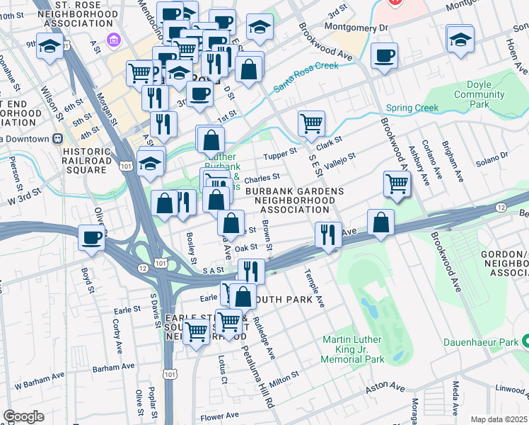 map of restaurants, bars, coffee shops, grocery stores, and more near 711 Mill Street in Santa Rosa