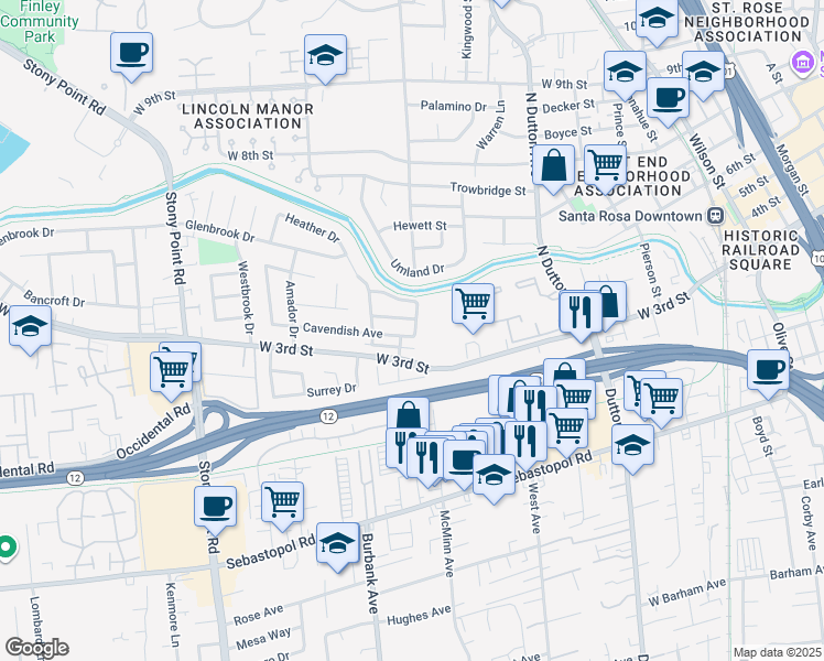 map of restaurants, bars, coffee shops, grocery stores, and more near 691 West 3rd Street in Santa Rosa