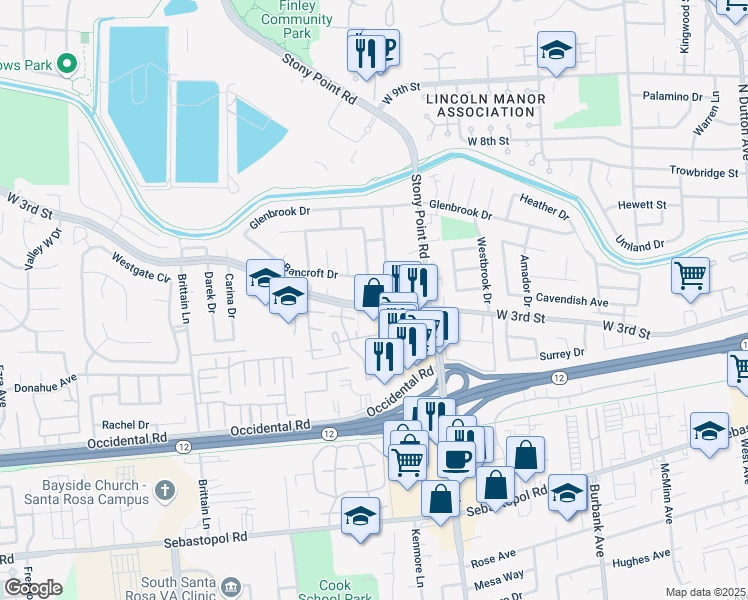 map of restaurants, bars, coffee shops, grocery stores, and more near 1738 Bancroft Drive in Santa Rosa