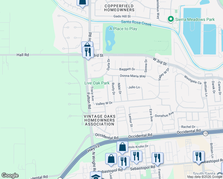 map of restaurants, bars, coffee shops, grocery stores, and more near 454 Rusty Drive in Santa Rosa