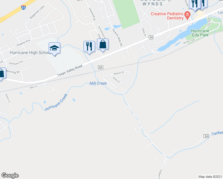 map of restaurants, bars, coffee shops, grocery stores, and more near 3346 Tackett Branch Road in Hurricane