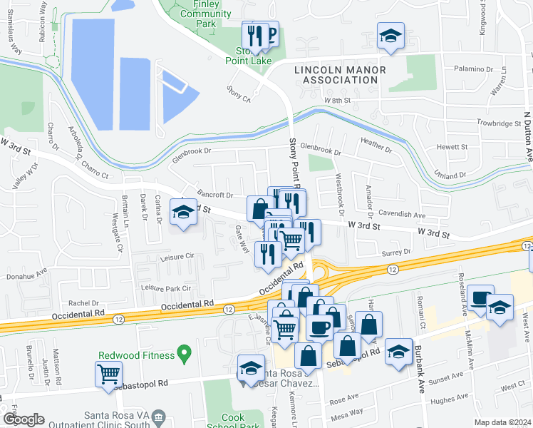 map of restaurants, bars, coffee shops, grocery stores, and more near 395 Brockhurst Drive in Santa Rosa