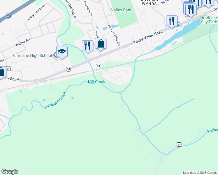 map of restaurants, bars, coffee shops, grocery stores, and more near 3346 Tackett Branch Road in Hurricane