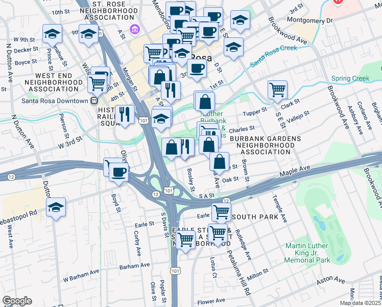 map of restaurants, bars, coffee shops, grocery stores, and more near 512 Juilliard Park Drive in Santa Rosa