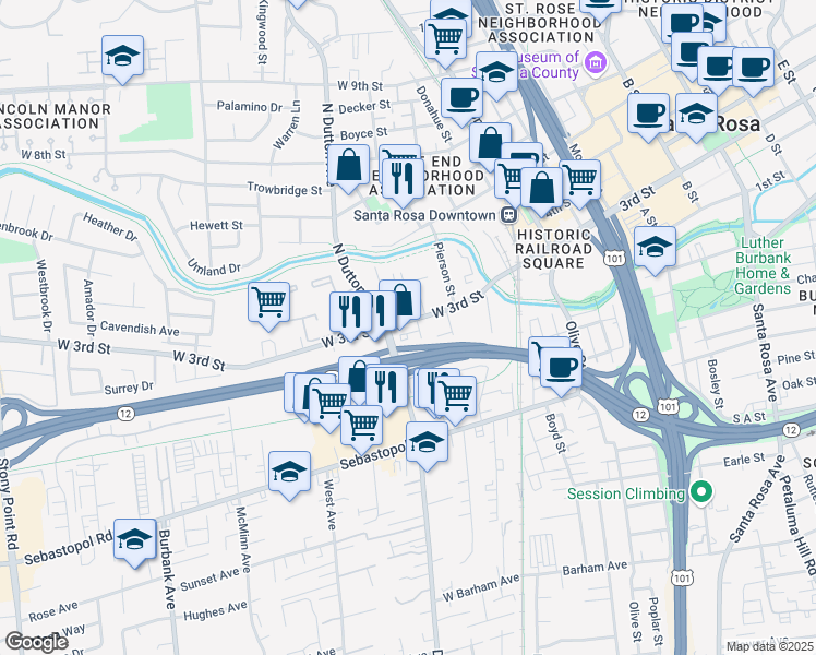 map of restaurants, bars, coffee shops, grocery stores, and more near 208 West 3rd Street in Santa Rosa