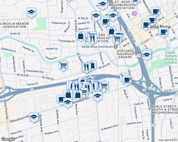 map of restaurants, bars, coffee shops, grocery stores, and more near West 3rd Street & Dutton Avenue in Santa Rosa