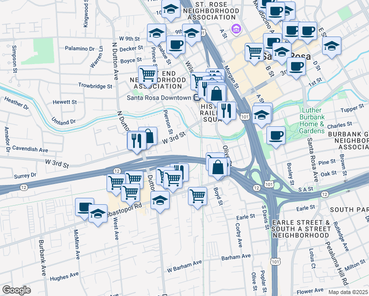 map of restaurants, bars, coffee shops, grocery stores, and more near 218 Roberts Avenue in Santa Rosa