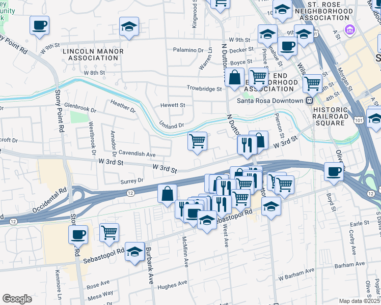 map of restaurants, bars, coffee shops, grocery stores, and more near 691 West 3rd Street in Santa Rosa