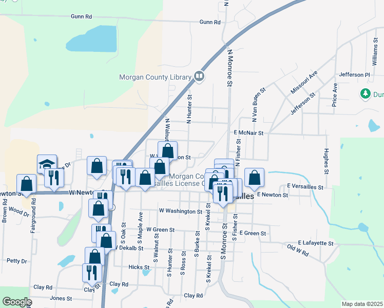 map of restaurants, bars, coffee shops, grocery stores, and more near 302 West Clark Street in Versailles
