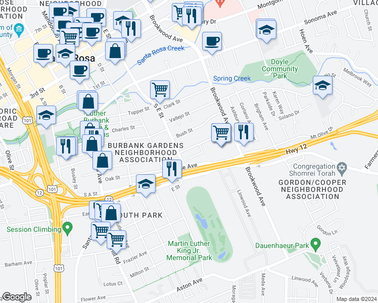map of restaurants, bars, coffee shops, grocery stores, and more near 920 Stevenson Street in Santa Rosa