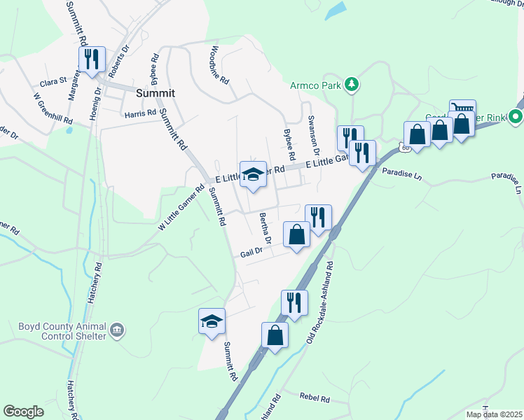 map of restaurants, bars, coffee shops, grocery stores, and more near Bertha Drive in Boyd County
