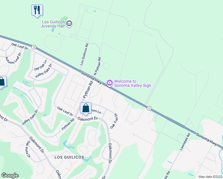 map of restaurants, bars, coffee shops, grocery stores, and more near 7620 California 12 in Kenwood