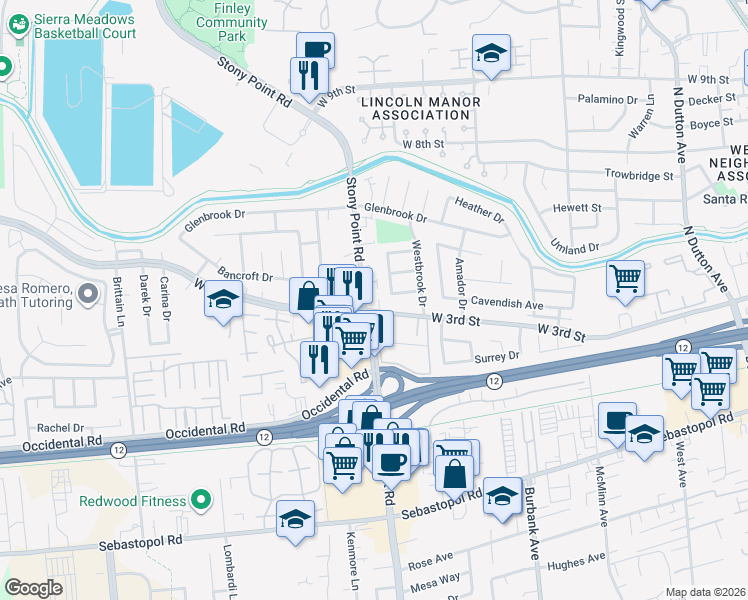 map of restaurants, bars, coffee shops, grocery stores, and more near in Santa Rosa