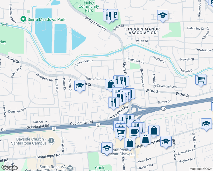 map of restaurants, bars, coffee shops, grocery stores, and more near 1723 West 3rd Street in Santa Rosa