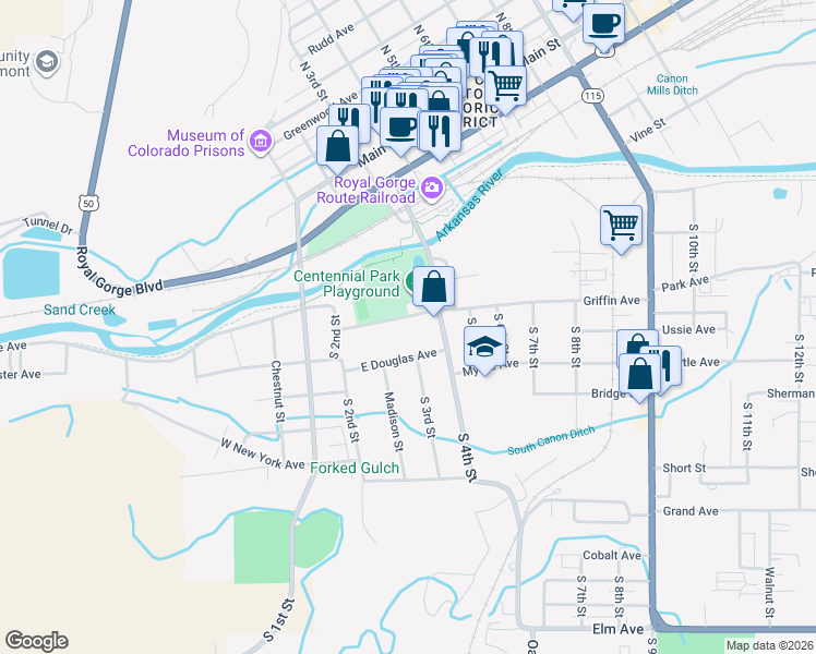 map of restaurants, bars, coffee shops, grocery stores, and more near 258 Griffin Avenue in Cañon City