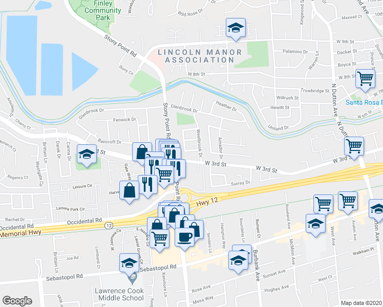 map of restaurants, bars, coffee shops, grocery stores, and more near 1617 Elmwood Terrace in Santa Rosa