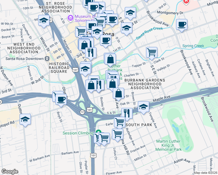 map of restaurants, bars, coffee shops, grocery stores, and more near 407 Santa Rosa Avenue in Santa Rosa