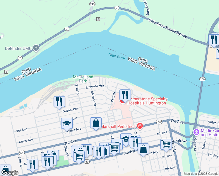 map of restaurants, bars, coffee shops, grocery stores, and more near 2775 North Staunton Road in Huntington