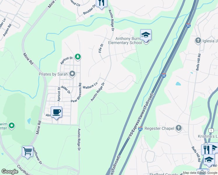 map of restaurants, bars, coffee shops, grocery stores, and more near 6 Dallhan Court in Stafford