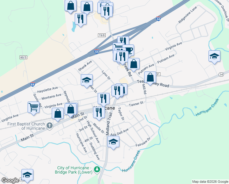map of restaurants, bars, coffee shops, grocery stores, and more near 100 Lynn Street in Hurricane