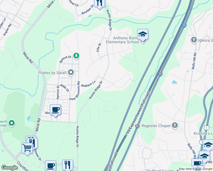 map of restaurants, bars, coffee shops, grocery stores, and more near 6 Dallhan Court in Stafford