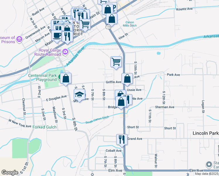 map of restaurants, bars, coffee shops, grocery stores, and more near 817 Ussie Avenue in Cañon City