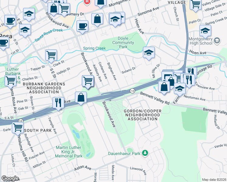 map of restaurants, bars, coffee shops, grocery stores, and more near 1459 Maple Avenue in Santa Rosa