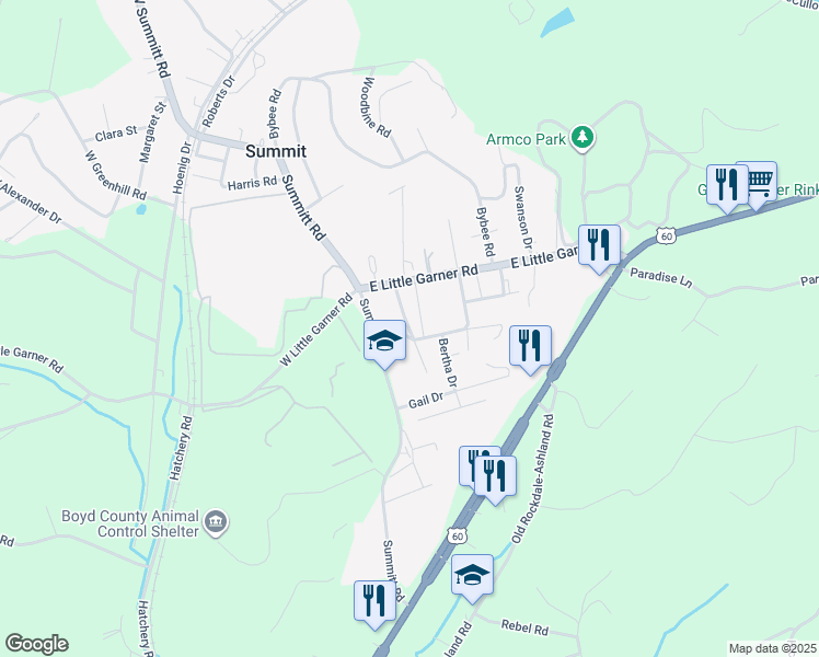 map of restaurants, bars, coffee shops, grocery stores, and more near Goldie Court in Boyd County