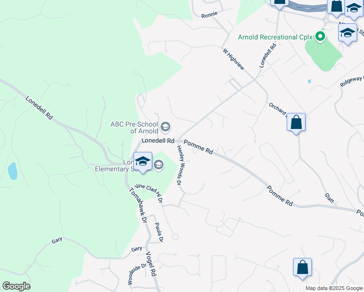 map of restaurants, bars, coffee shops, grocery stores, and more near 2004 Henley Woods Drive in Arnold