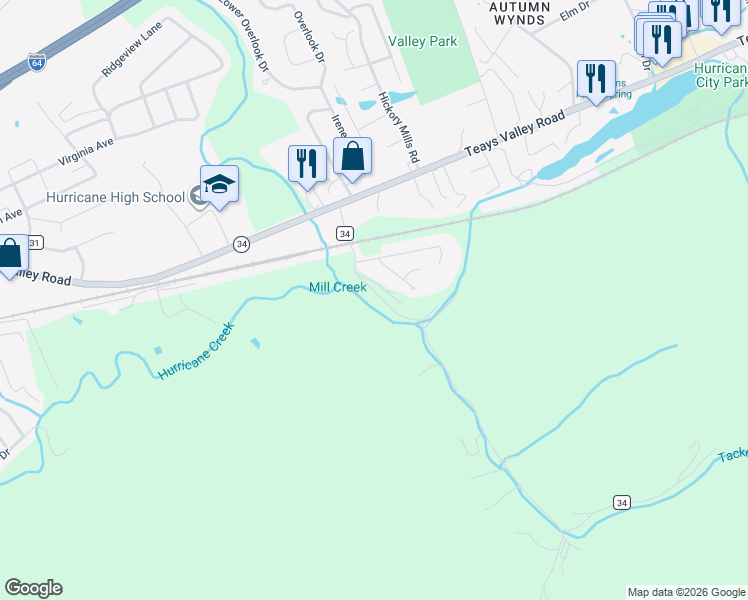 map of restaurants, bars, coffee shops, grocery stores, and more near 3346 Tackett Branch Road in Hurricane