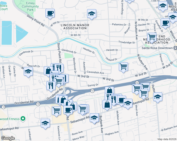 map of restaurants, bars, coffee shops, grocery stores, and more near 1555 Cavendish Avenue in Santa Rosa