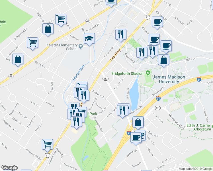 map of restaurants, bars, coffee shops, grocery stores, and more near 33 Port Republic Road in Harrisonburg