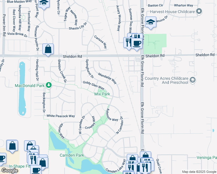 map of restaurants, bars, coffee shops, grocery stores, and more near 8926 Springhurst Drive in Elk Grove
