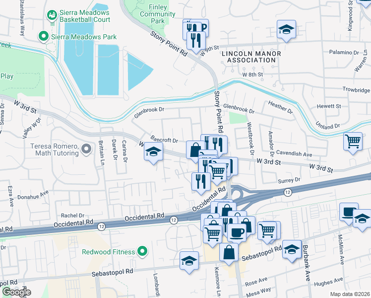 map of restaurants, bars, coffee shops, grocery stores, and more near 1738 Bancroft Drive in Santa Rosa