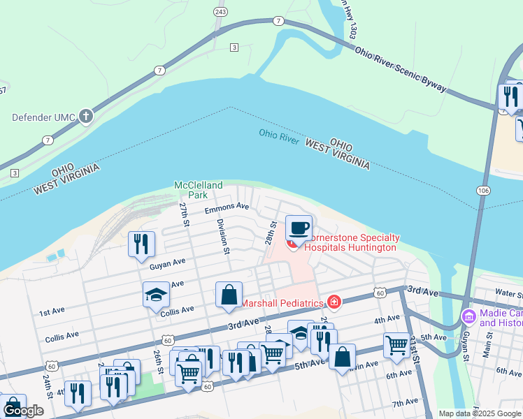 map of restaurants, bars, coffee shops, grocery stores, and more near 2775 North Staunton Road in Huntington