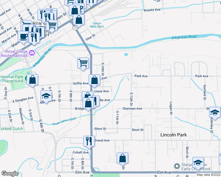 map of restaurants, bars, coffee shops, grocery stores, and more near 1016 Prescott Avenue in Cañon City