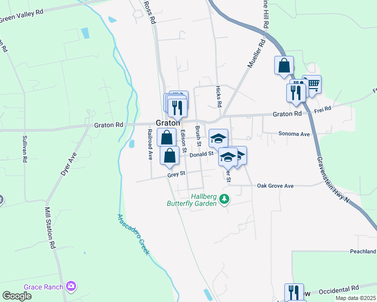 map of restaurants, bars, coffee shops, grocery stores, and more near 2925 Edison Street in Graton